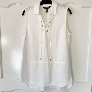 100% Tencel Ellen Tracy White Collared Sleeveless Tunic with Gold Details Medium